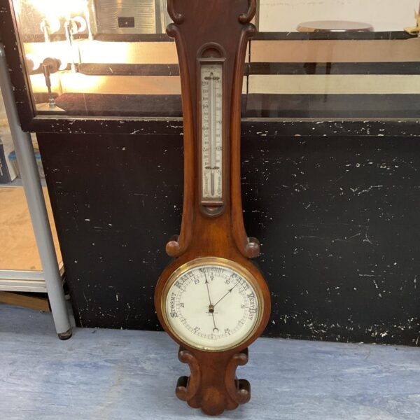 Antique mahogany android barometer by Matthews of Rhyl with mercury thermometer.