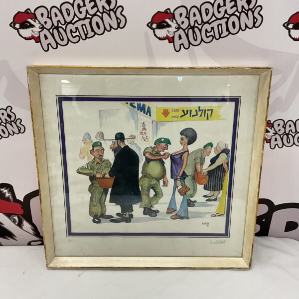 Signed Martin Holt print depicting a satirical checkpoint scene.