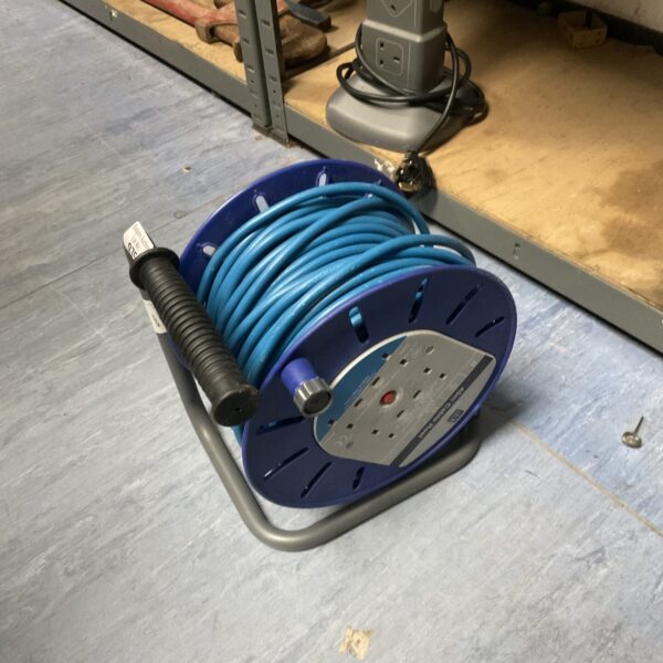 Blue Masterplug 45m extension reel with four sockets.