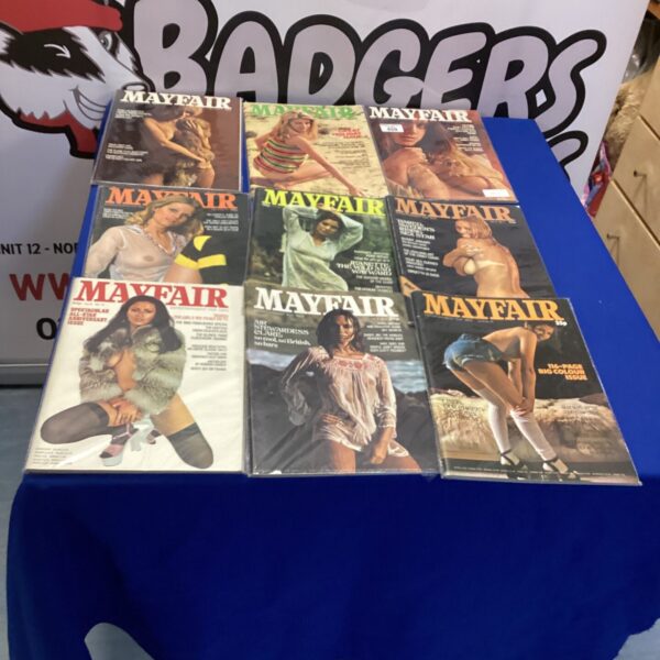 Vintage lot of nine Mayfair adult magazines in protective sleeves.