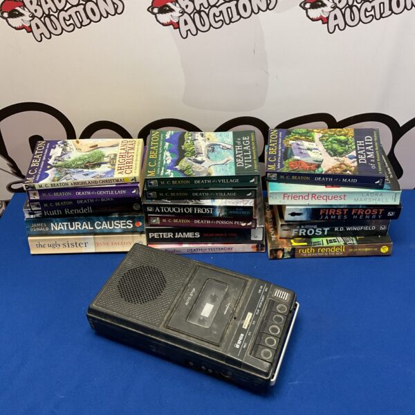 MC Beaton book lot with vintage cassette player for collectors.