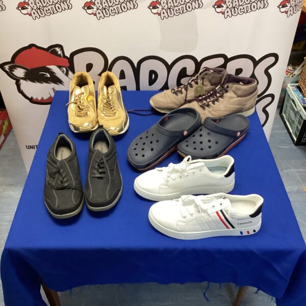 Mixed lot of men’s footwear including Reebok and Crocs trainers.