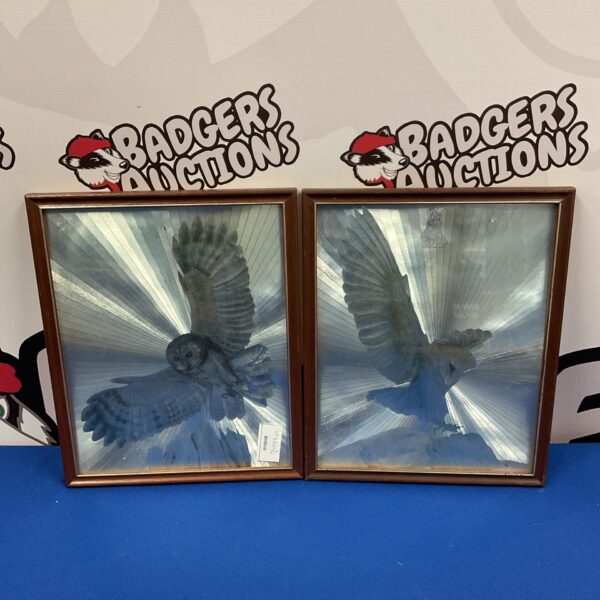 Pair of vintage metallic owl prints for wall decor.