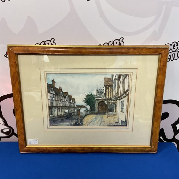 Framed Michael Goss watercolour painting of an English street scene.