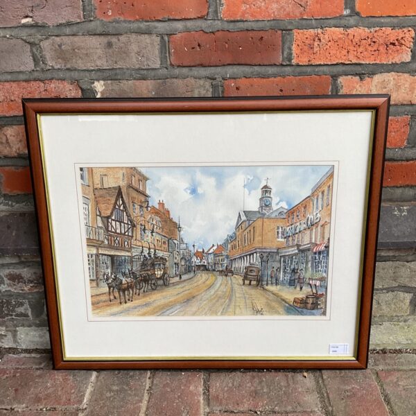 Vintage Michael Goss watercolour painting of an English town street scene.