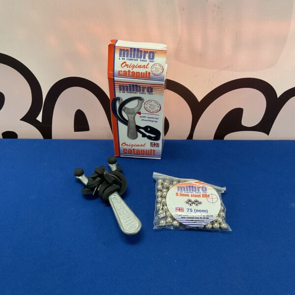 Vintage Milbro catapult with 9.5mm steel BBs for classic outdoor fun.