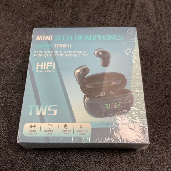 Sealed packet of new mini tech wireless headphones with smart touch controls.