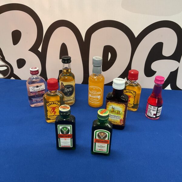 Lot of miniature alcohol bottles including Fireball and Gordon’s Gin.