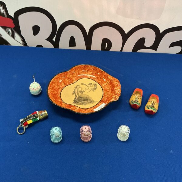 Vintage miniature bird cages set with Dutch clogs and dish.