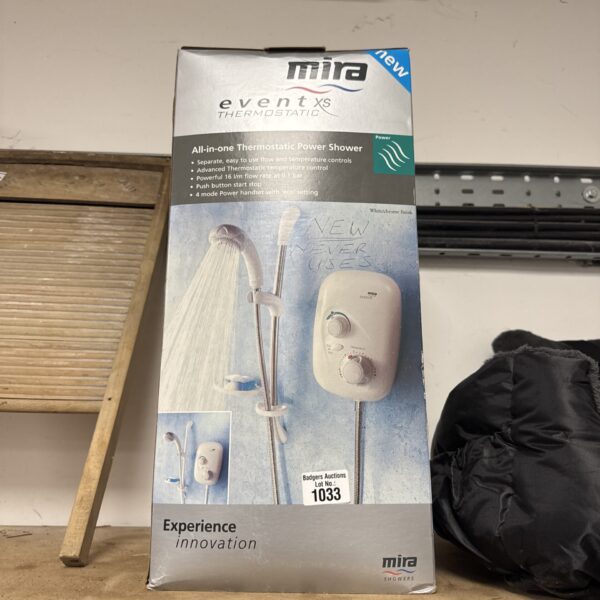 New Mira Event XS thermostatic power shower still in its original box.