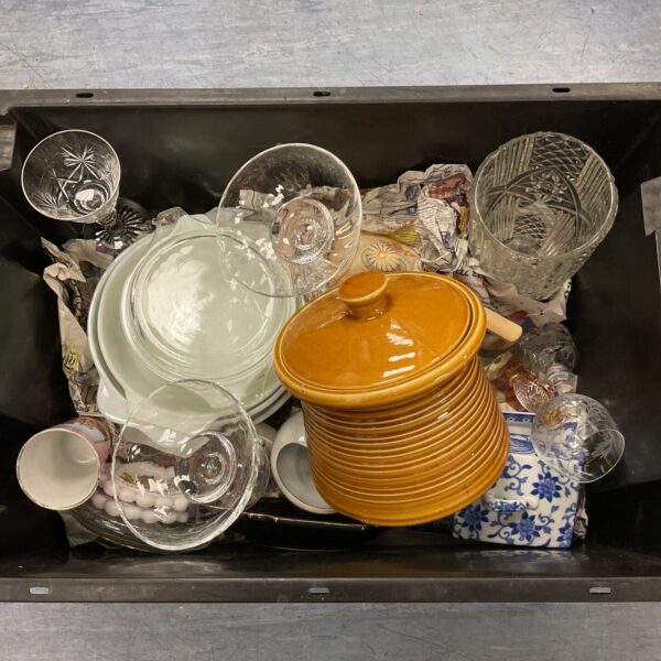 Mixed lot of vintage china and glassware with a cookie jar.