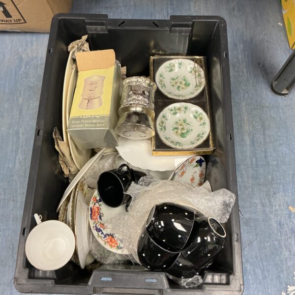 Mixed lot of vintage china and porcelain with silverplate money box.