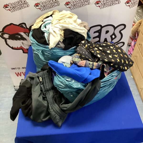 Large mixed clothing lot with assorted garments and textiles.