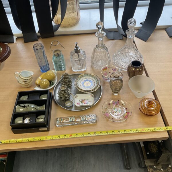 Mixed lot of vintage curios and glassware, including decanters and china.