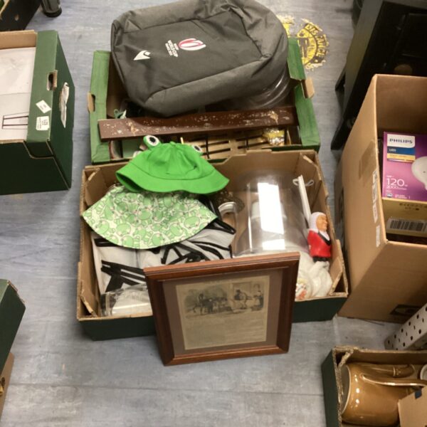 Mixed house clearance lot with rugby memorabilia and household items.