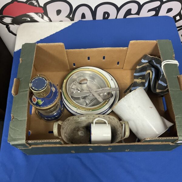 Vintage enamelware lot with colourful bowls and lantern.