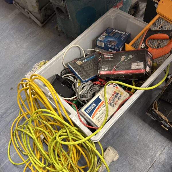 Crate filled with a mixed lot of tools and hardware, including a Parkside engraving tool.
