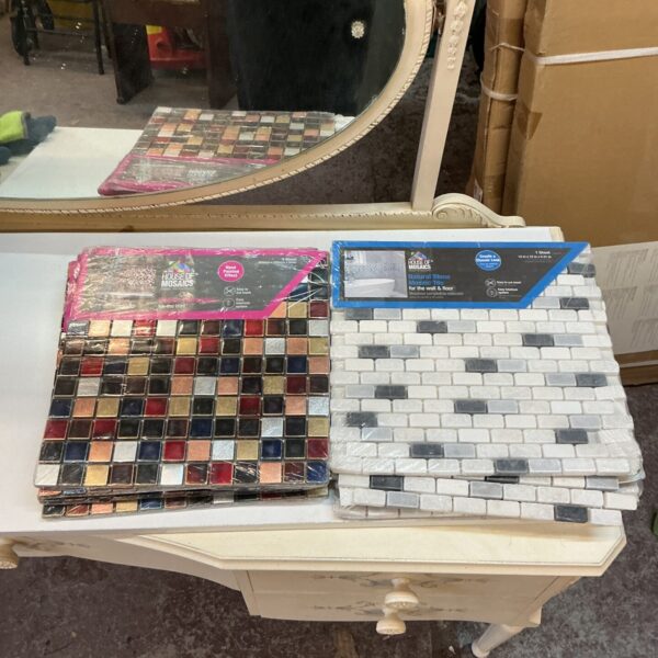Variety of colourful mosaic tile packs for crafts and home decor.