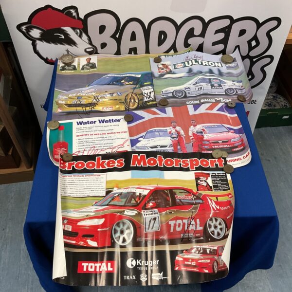 Signed motor racing posters featuring Tim Harvey and Patrick Watts.