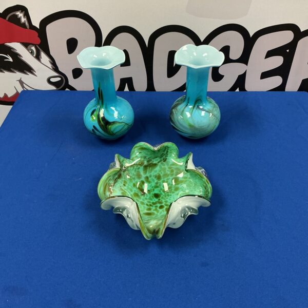 Vibrant Murano glass dish and vases, Italian art glass collection.