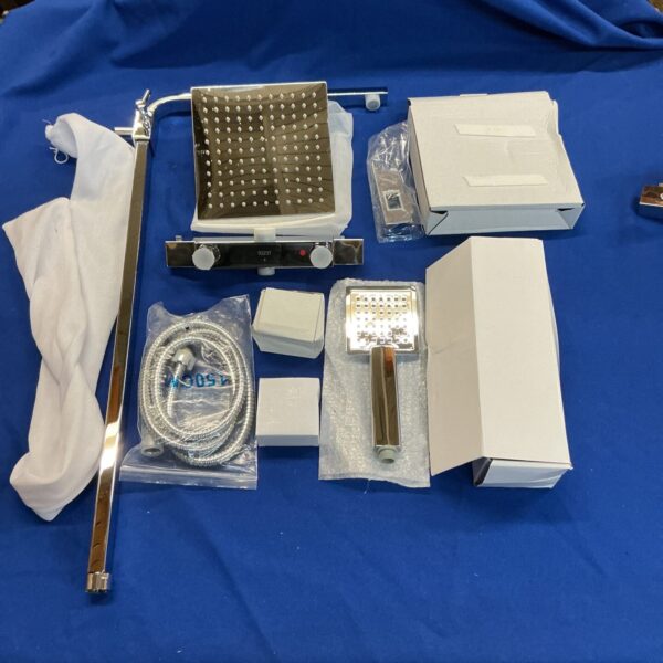 Niagara 9302 thermostatic shower set with square showerhead and valve.