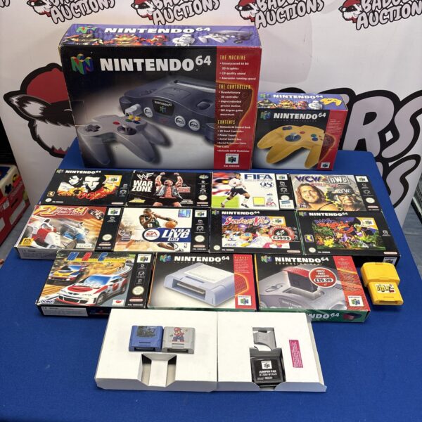 Nintendo 64 console and games lot for retro gaming collectors.