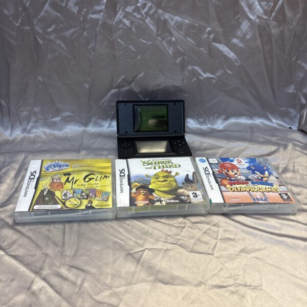 Light blue Nintendo DS console with three game cartridges.