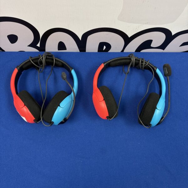 Pair of red and blue Nintendo Switch wired gaming headphones.