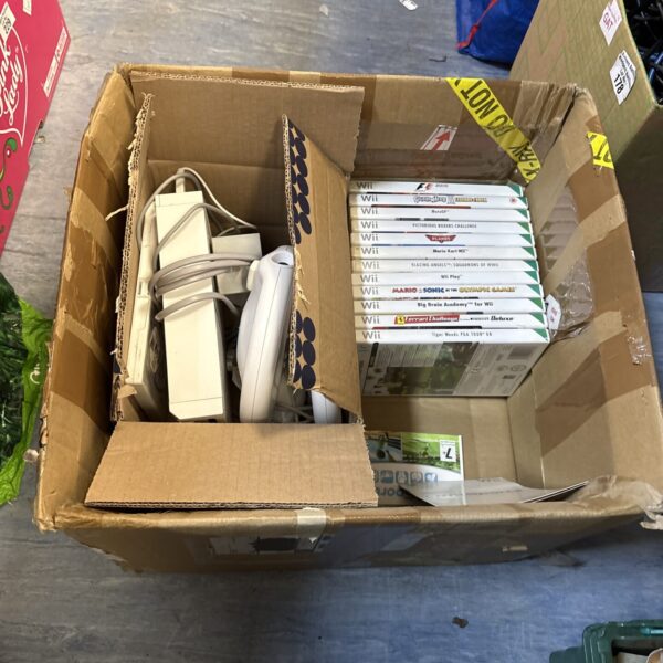 Nintendo Wii console bundle with games and accessories in a box.