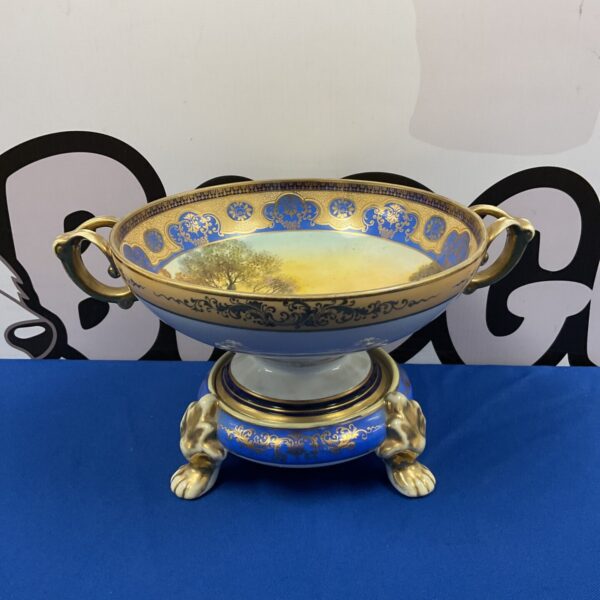 Antique Noritake pedestal bowl with hand-painted landscape scene.
