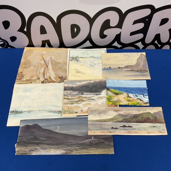 Vintage collection of oil and watercolour seascape paintings with coastal scenes.