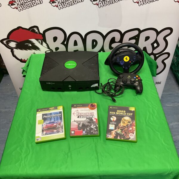 Original Xbox console bundle with steering wheel and Fifa game.