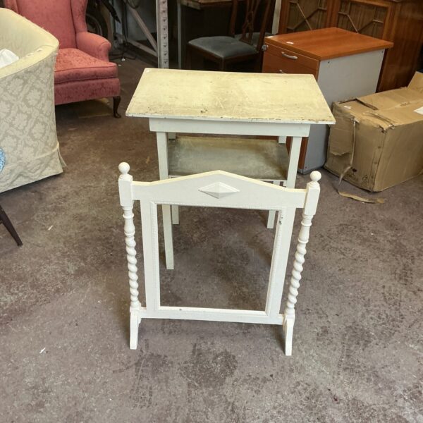 Antique painted fire screen table with turned supports.