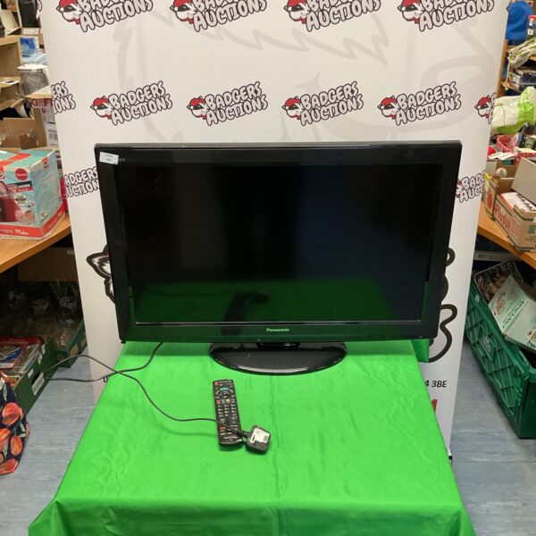 Black Panasonic 32 inch LCD television with remote control.