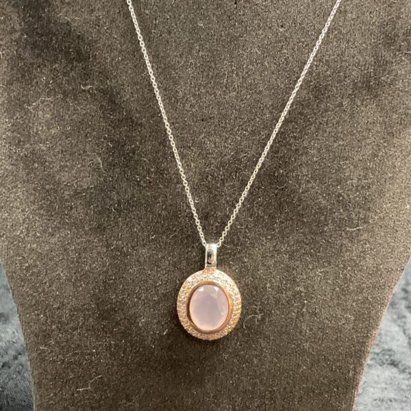 Pandora silver necklace with blackstone pendant and white stones.