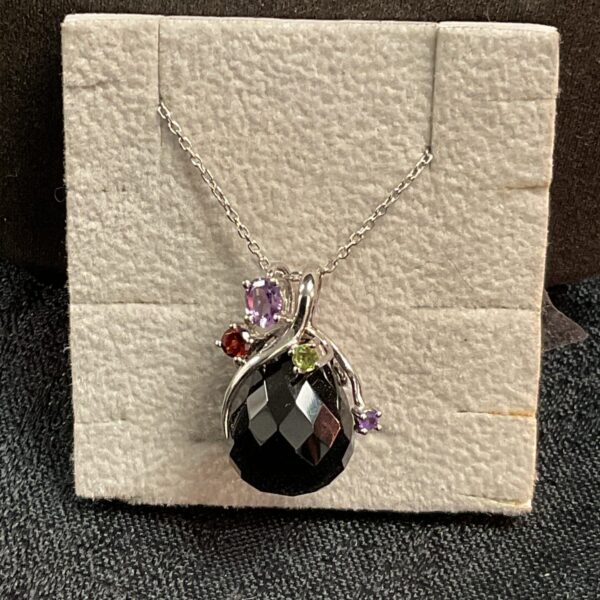 Pandora silver necklace with black stone and gemstone accents