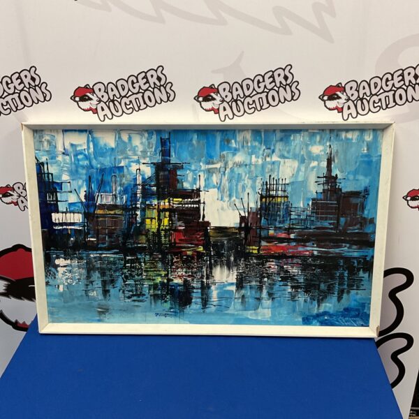 Vibrant Paul Mann dockland painting on cellulose board.