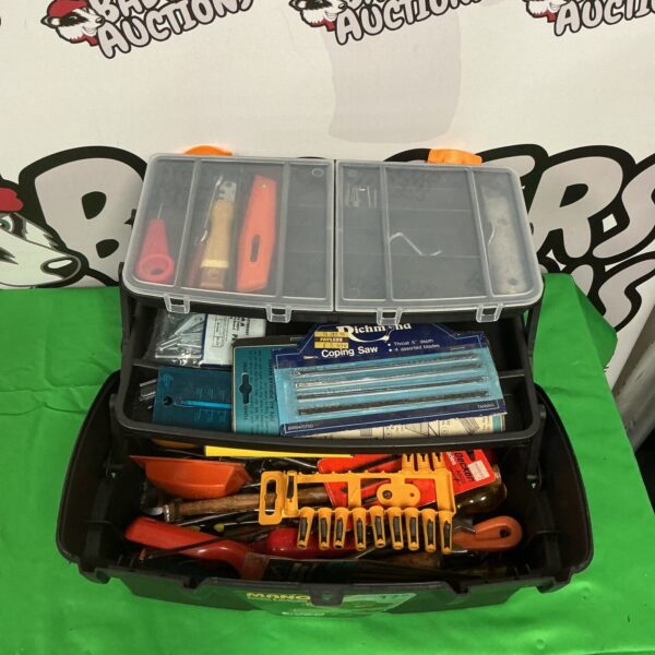 Open plastic tool box showing various tools and hardware inside.