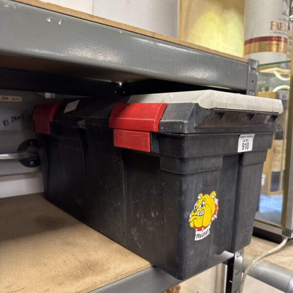 Empty plastic toolbox with a black handle, ready for tools.