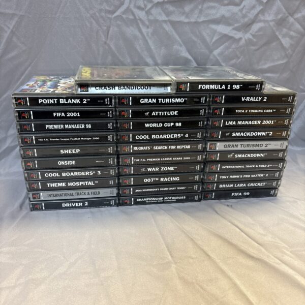 A lot of vintage PlayStation 1 games, including FIFA and Crash Bandicoot.