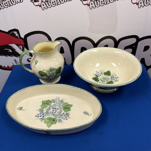 Vintage Poole Pottery Grape Pattern wash set including jug, bowl and dish.