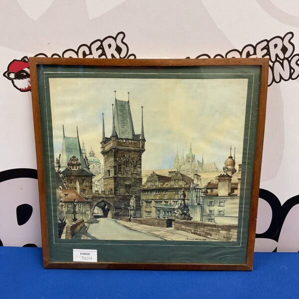 Vintage 1948 watercolour painting of Prague cityscape by Bernard B West.