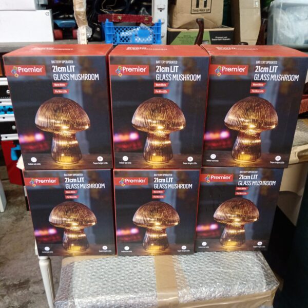 Lot of six new Premier 21cm lit glass mushroom lamps in packaging.