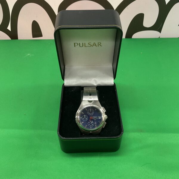 Blue dial Pulsar Wired chronograph wristwatch in box.