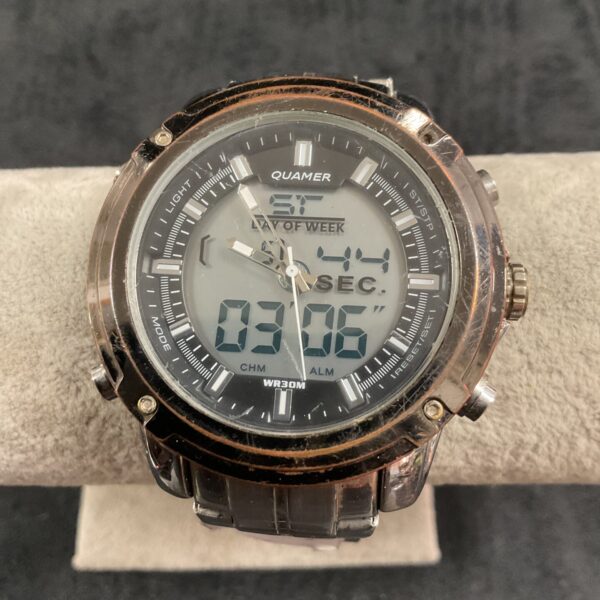 Dark grey Quamer digital sports watch with digital display.