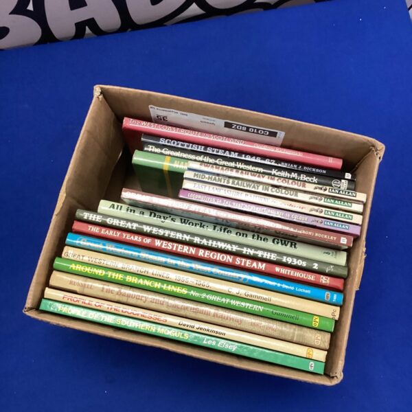 Vintage railway books collection, featuring train history and literature.