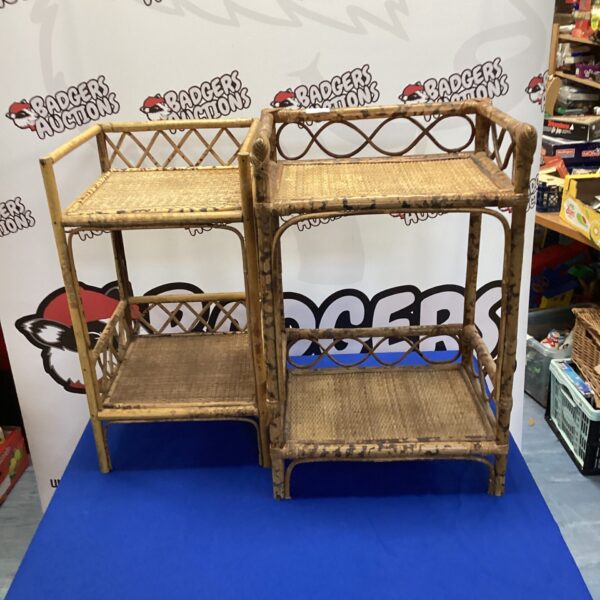 Vintage rattan shelving units with three tiers for display.