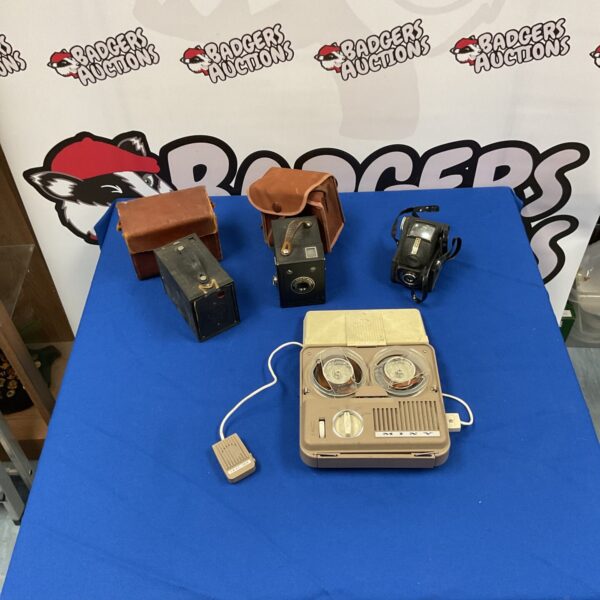Vintage reel to reel player with box cameras, a collectible lot.