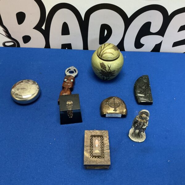 Close-up of a diverse collection of replica museum artefacts.
