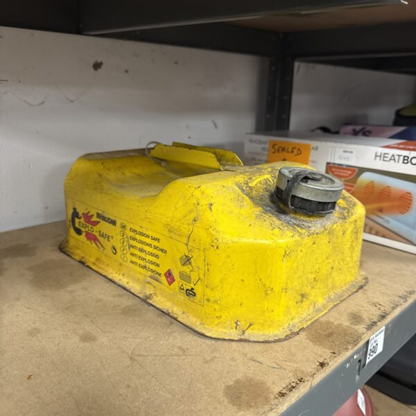 Vintage Rhinocan explo-safe fuel can, yellow metal safety container.